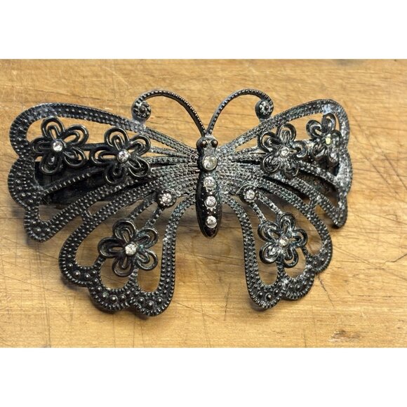 Vintage Rhinestone Butterfly Hair Clip Barrette Metal Floral Design 4.25" Wide E - Picture 3 of 7